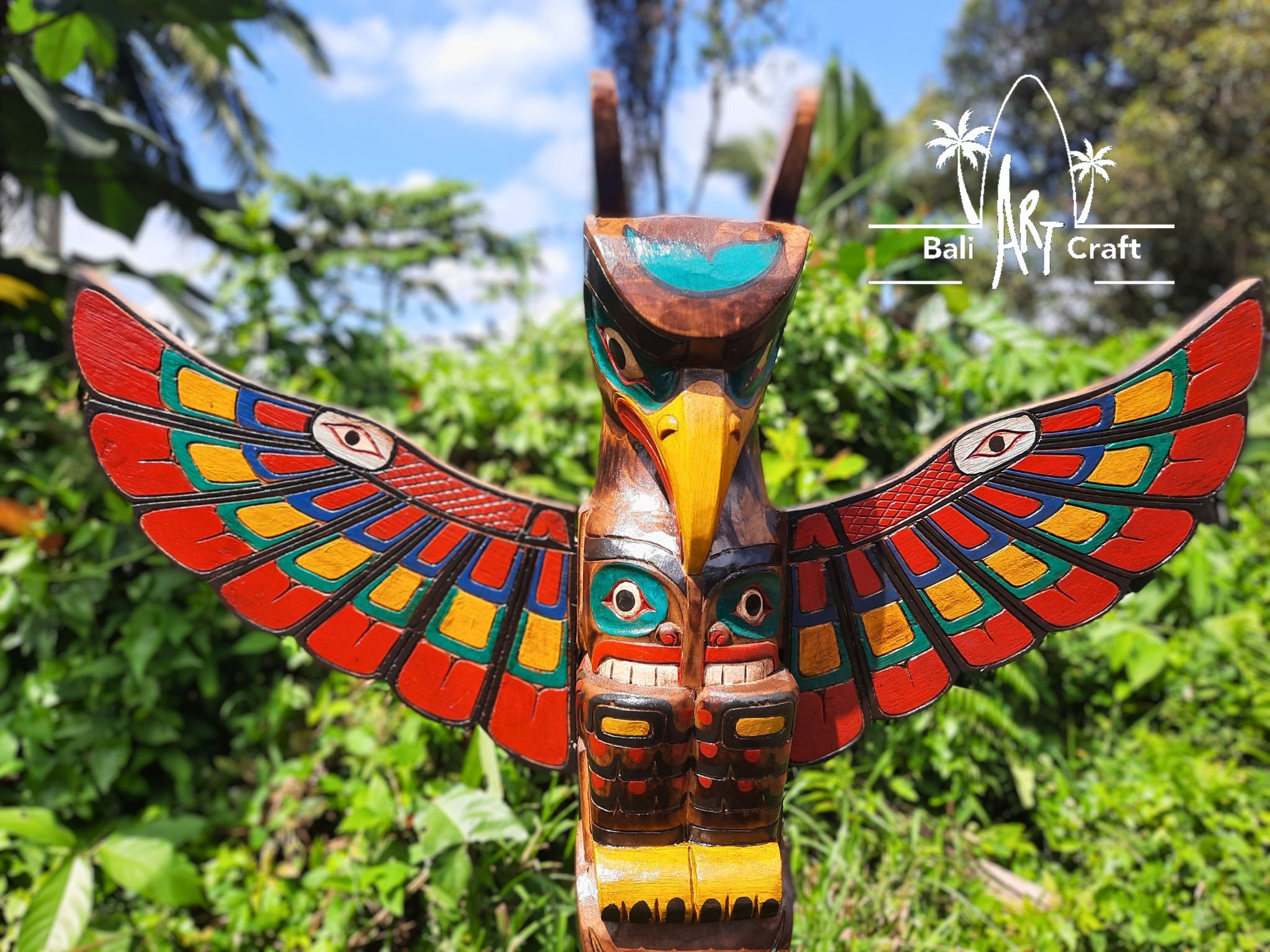 木彫りの鷲のトーテムポール：高さ39インチのガーデンアート - Etsy 日本