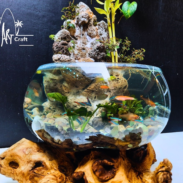 Molten Glass Vase on Wood: Waterfall Terrarium, Aquascape Decor