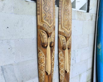 Hand-Carved Wooden Tiki Mask Set: 38" Tribal Wall Art