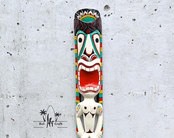 39" Tribal Tiki Totem Mask: Hand-Carved Wood Sculpture