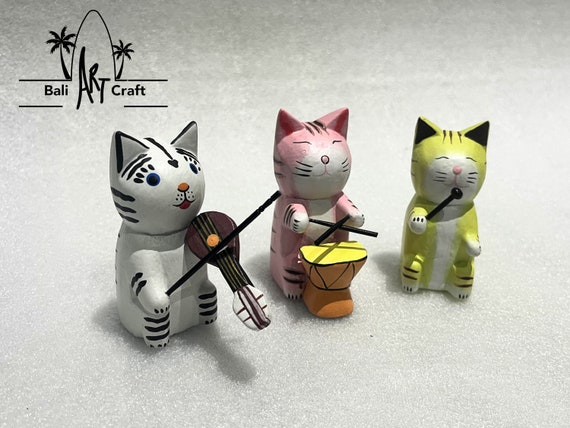 Miniature Musician Cat Figures Art Serries Wood Craved Cat Playing