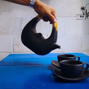 Crescent Moon Teapot set black with wooden handle Handmade Pottery Ceramic Teapot set with 2 cup made in Indonesia