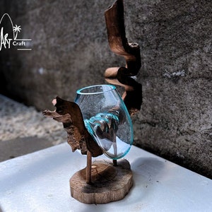 15 Inch Tall Standing molten glass on wood for water plantation , vases unique , blown molten glass hanging no one same