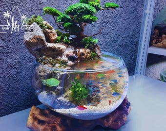 Molten Glass Terrarium: Wood Base, River & Tree Miniature (14 inch)