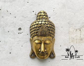 Hand-Carved Wooden Buddha Head Wall Art: 19" Gold Boho Decor