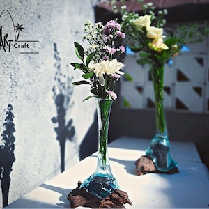 Single Rustic Flower Vase Ethnic Molten Glass on Wood for Table Centrepiece Decor Dinner Wedding