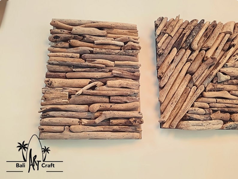 May include: Two square wall art pieces made of driftwood. The piece on the left has a horizontal pattern, while the piece on the right has a diagonal pattern. Both pieces are made of natural driftwood and have a rustic, beachy feel.