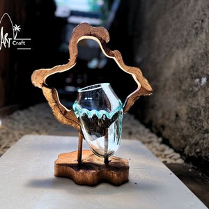 Standing molten glass on wood for water plantation , vases unique , blown molten glass hanging 12 - 13  inch height, Tall Molten Glass