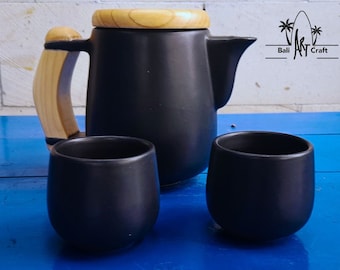 Handmade Ceramic Teapot Set: Minimalist Pottery with Wooden Handle