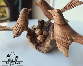 Triple Bird on Nest Wooden Sculpture  from parasite wood Handmade Sculpture Wood Carving Figure Bird Statue Birthday gift unique