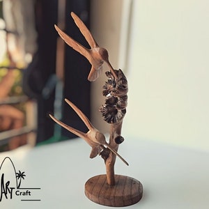 Double Wooden Hummingbird Couple from parasite wood Handmade Sculpture Wood Carving Figure Bird Statue Birthday gift unique handmade