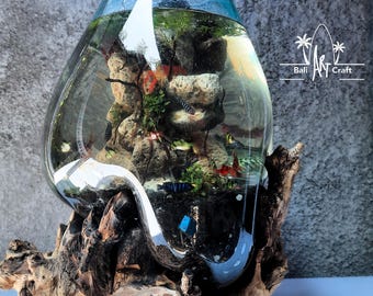XL Molten Glass Driftwood Aquarium: Handmade Betta Fish Bowl, Waterfall Set