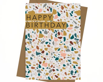 Carte Joyeux Anniversaire Terrazzo - Carte Anniversaire - Modèle - Carte de Voeux - Carte Blanche - Jolie - Motif Terrazzo - Célébration - Papeterie