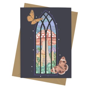 Cartão de vitral de cogumelos e borboletas - Caprichoso - Bruxa - Natureza - Boho - Cartão em branco - Qualquer ocasião - Brilhante - Cartão de felicitações