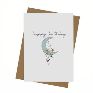 Feliz cumpleaños - Luna - Floral - Tarjeta de felicitación - Amistad - Tarjeta en blanco - Pensativo - Amor - Bonita