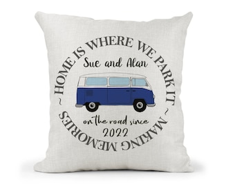 Personalised Cushion.. Home is where we park it.. Camper Van..Camper.. different colours available VW..RV.. Gift..Making memories