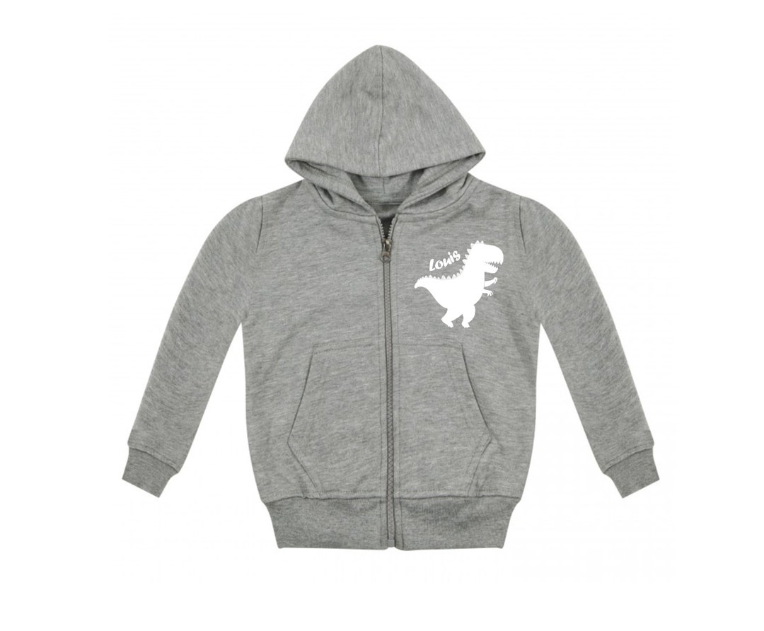 Personalised Boys Grey Hoodie Hoody Jacket Cute Dinosaur & Name Ages 1