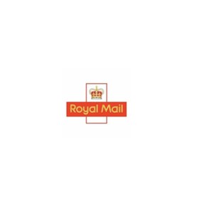 May include: The Royal Mail logo, featuring a red banner with the words "Royal Mail" in white, is displayed. Above the banner is a square containing a gold crown. The background is white.