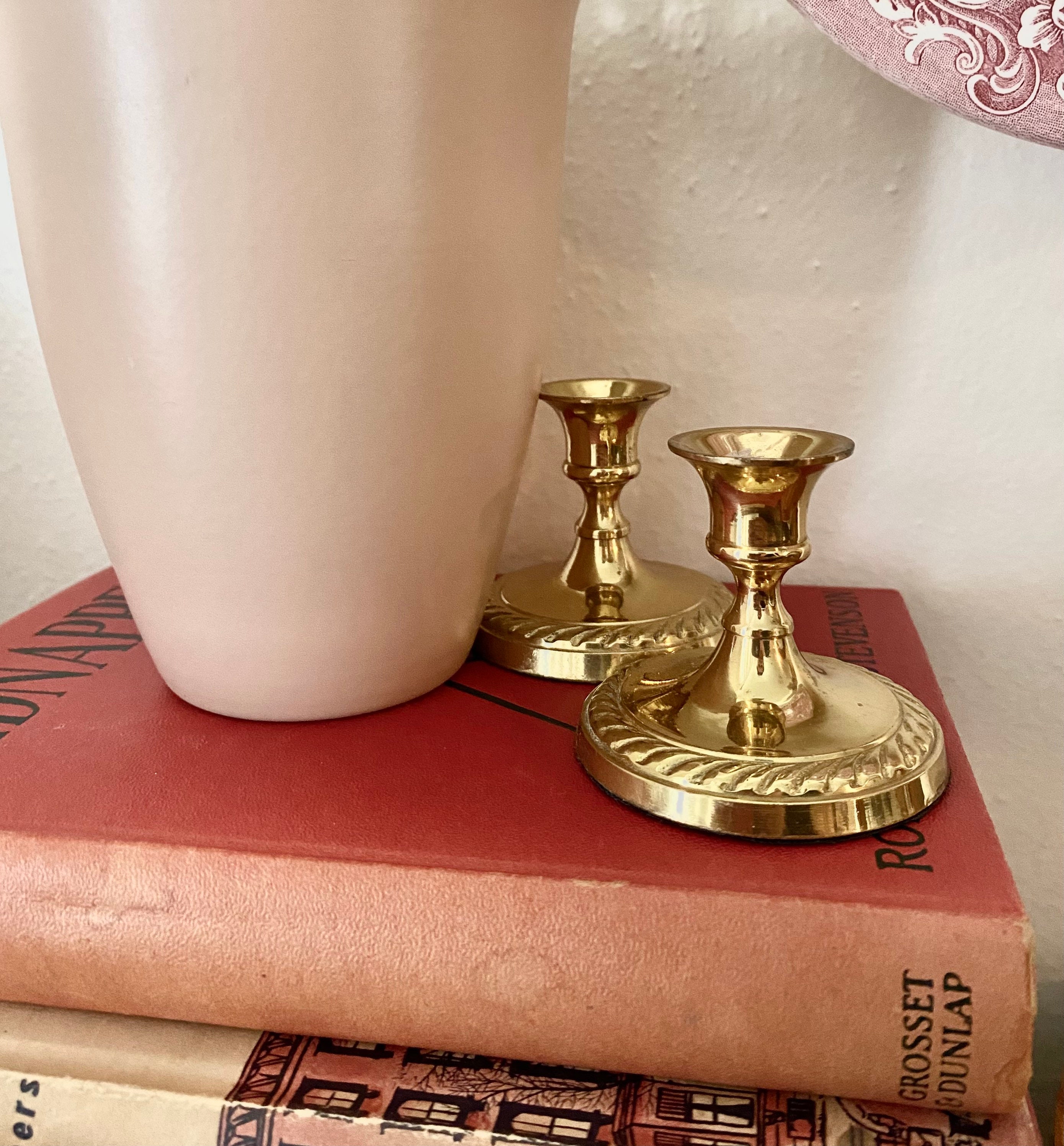 Gold colored candle stick holders set of 2 Etsy