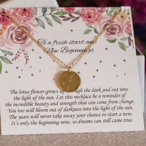 Nieuw begin cadeau voor haar, lotusbloem zilveren ketting, gescheiden vrouw vrouw, 14K gold filled sterlingzilveren ketting, schone lei