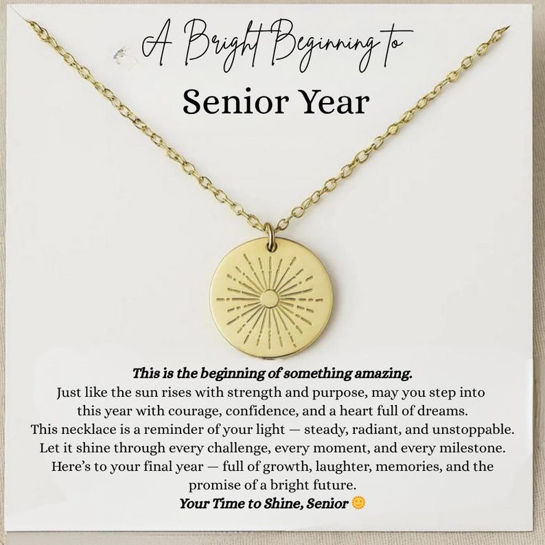 First Day of Senior Year Necklace, Perfect Back to School Gift for Daughter, Niece, or Granddaughter.
Celebrate the First Day of 12th Grade with this Custom Name Sun Necklace – A Meaningful Senior Year Keepsake, Senior Year 12th Grade Gift for Girls, Ideal for Daughter, Niece, or Granddaughter Starting Their Last School Year, Brighten Her First Day of 12th Grade with a Custom Sun Necklace