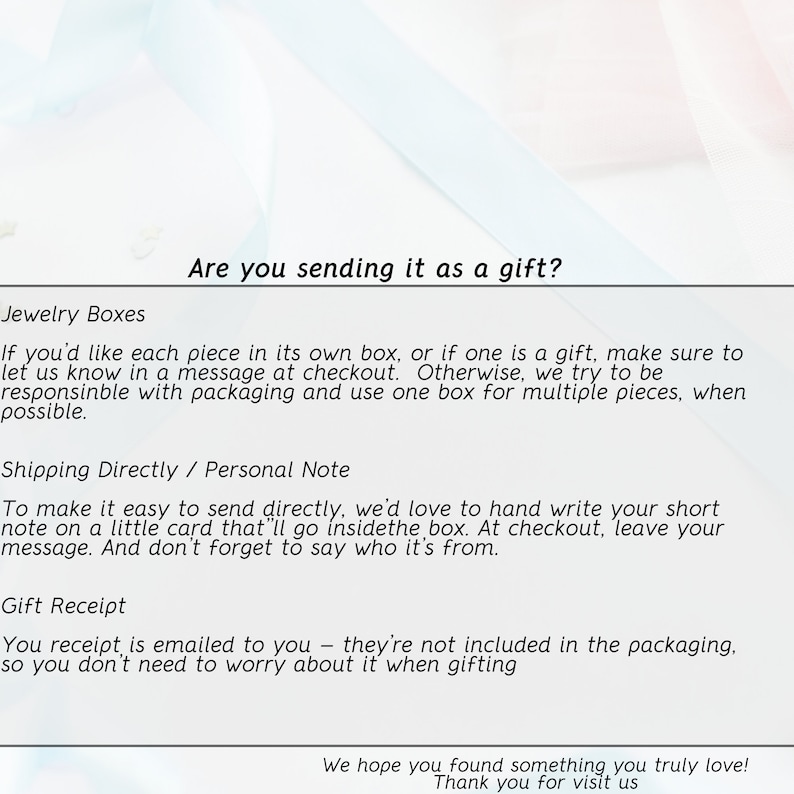 May include: White background with text: "Are you sending it as a gift?" and information about jewelry boxes, shipping, and gift receipts. The text is in a clear, readable font.