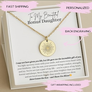 Personalized Bonus Daughter Necklace,  Bonus Daughter Engraved Jewelry,  Step Daughter Birthday Gift, Unique Sun Necklace Adopted Daughter