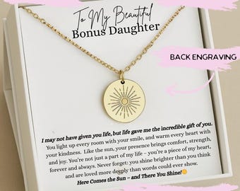 Personalized Bonus Daughter Necklace,  Bonus Daughter Engraved Jewelry,  Step Daughter Birthday Gift, Unique Sun Necklace Adopted Daughter