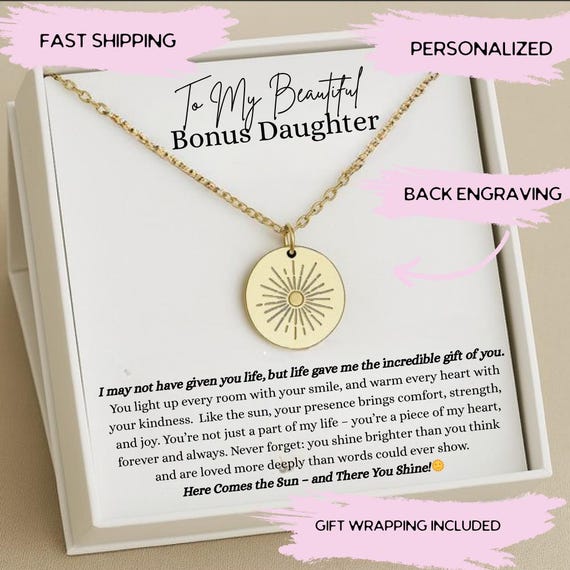 Personalized Bonus Daughter Necklace,  Bonus Daughter Engraved Jewelry,  Step Daughter Birthday Gift, Unique Sun Necklace Adopted Daughter