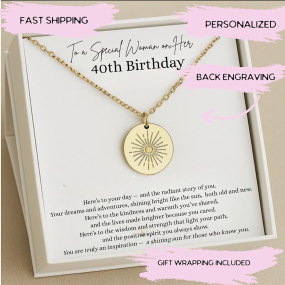 40th Birthday Gift for Woman, 40 Year Old Jewelry, Meaningful 40th Birthday Present, 40th Birthday Sun Necklace with Back Engraving