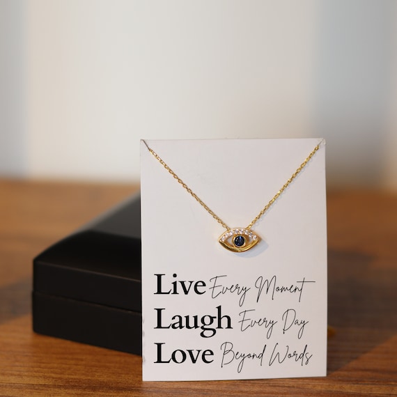 Live Love Laugh 925 Sterling Silver Evil Eye Necklace with LED Light Jewelry Box, Mindfulness Gift, Motivational Jewelry for Woman