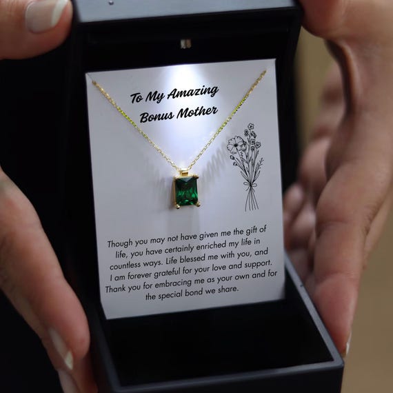 Bonus Mom Jewelry with Led Light Box, Birthstone Necklace with Gift Card, Mother in Law Gift, Step Mom Necklace