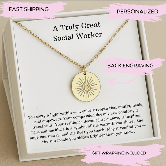 Masters in Social Work Graduation Necklace Gift, Personalized MSW Necklace with Gift Card, Social Worker Silver Sun Necklace