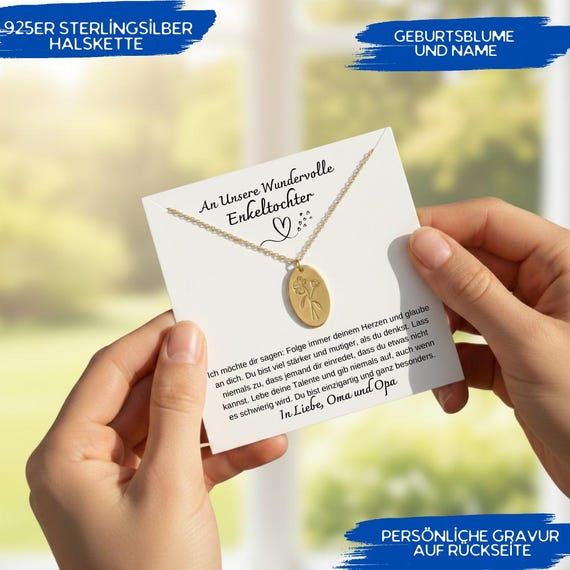 Geburtsblumen Halskette für Enkeltochter – Personalisiertes Geschenk von Oma und Opa, Abschlussgeschenk, Schmuckgeschenk für Enkeltochter