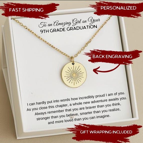 Personalized 9th Grade Graduation Girls Gift, 9th Graduation Sun necklace with Back Engraving, End of School Year, Gift for Ninth Grade