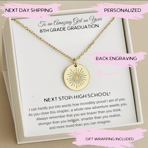 Gepersonaliseerde 8e leerjaar afstuderen zilveren ketting, 8e leerjaar zon ketting met geschenkdoos, middelbare school afstuderen 2025 cadeau-ideeën