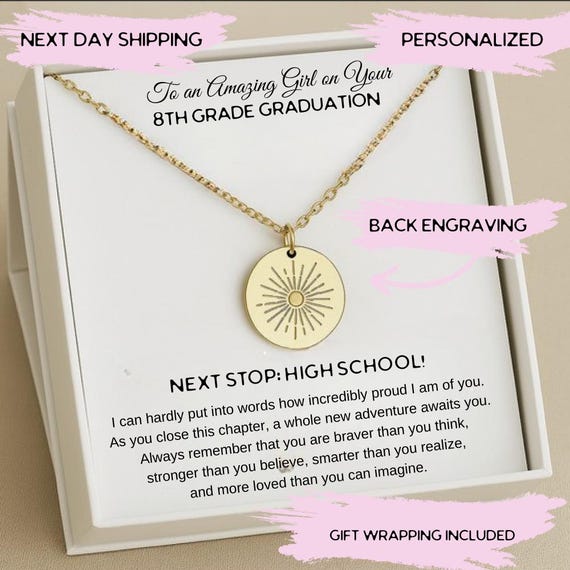 Personalized 8th Grade Graduation Silver Necklace, Eighth Grade Sun Necklace with Gift Box, Middle School Graduation 2025 Gift Ideas