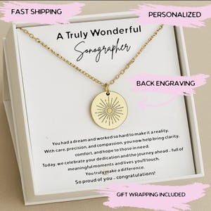 Bijoux en argent personnalisés pour l'obtention du diplôme d'échographiste, nouveau cadeau RDMS, collier soleil gravé par échographiste, collier d'échographiste avec carte personnalisée