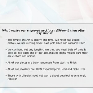 Puede incluir: Texto sobre fondo blanco: "&iquest;Qu&eacute; hace que nuestros collares grabados sean diferentes de otras tiendas de Etsy?" con vi&ntilde;etas sobre calidad, materiales y artesan&iacute;a hecha a mano.