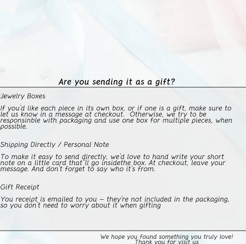May include: Text on a white background with the heading "Are you sending it as a gift?"  The text explains how to send a gift, including information about jewelry boxes, shipping directly, and gift receipts.
