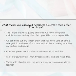May include: Text explaining what makes engraved necklaces from Etsy shops different. The text highlights the use of quality materials like sterling silver, 14kt gold filled, and rosegold filled. It also mentions hand-cut chains, handmade pieces, and hypoallergenic materials.