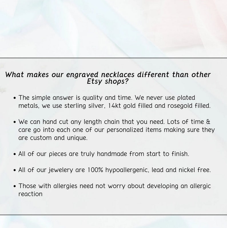 May include: Text explaining what makes engraved necklaces from Etsy shops different. The text highlights the use of quality materials like sterling silver, 14kt gold filled, and rosegold filled. It also mentions hand-cut chains, handmade pieces, and hypoallergenic materials.