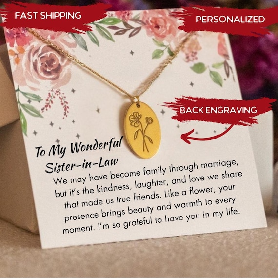 Personalized Sister in Law Birthflower Necklace, Sister in Law Wedding Gift, Sister in Law Birthday Jewelry Sister of the groom wedding gift