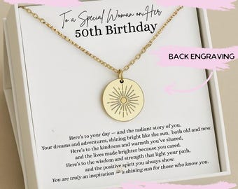 50th Birthday Gift for Woman, 50 Year Old Jewelry, Meaningful 50th Birthday Present, 50th Birthday Sun Necklace with Back Engraving