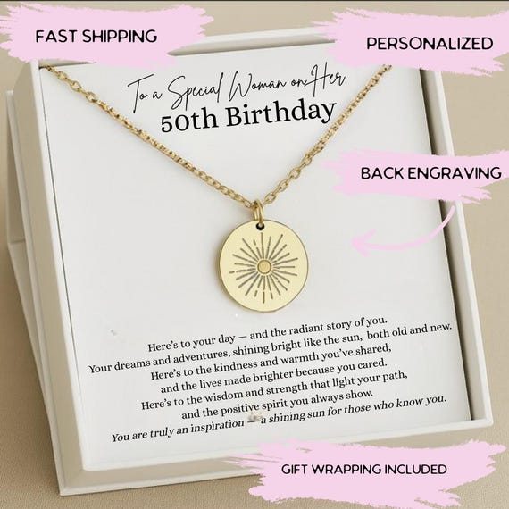 50th Birthday Gift for Woman, 50 Year Old Jewelry, Meaningful 50th Birthday Present, 50th Birthday Sun Necklace with Back Engraving