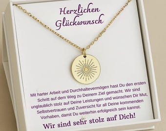 Geschenk zum Abitur, Bestandenes Große Sunbeam Halskette, Abitur 2025, Karte mit Schmuck Geschenk zum Diplom Master Bachelor