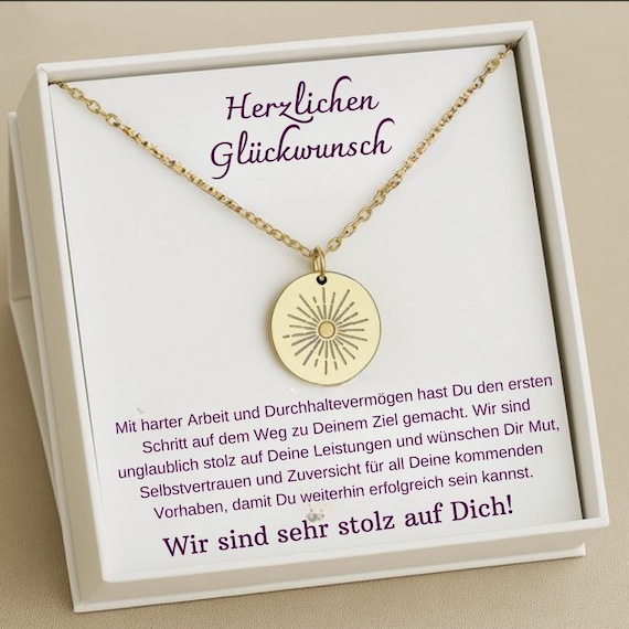 Geschenk zum Abitur, Bestandenes Große Sunbeam Halskette, Abitur 2025, Karte mit Schmuck Geschenk zum Diplom Master Bachelor