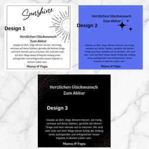 May include: Three different designs for a graduation card with a sun and stars graphic. The text reads "Sunshine" and "Herzlichen Gl&uuml;ckwunsch Zum Abitur" which translates to "Congratulations on your graduation". The text also includes "Mama & Papa" at the bottom of each design.