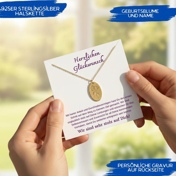 Geschenk zum Abitur, 925 Sterling Silber Geburtsblumen, Abitur 2026, Karte mit Schmuck Geschenk zum Diplom Master Bachelor