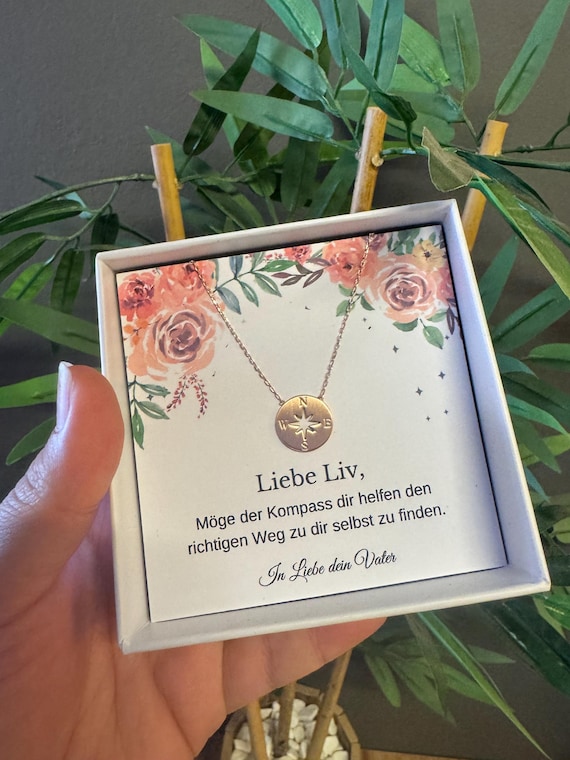 Kompass Kette für Orientierung und Liebe, Geschenk für Tochter, Nichte Abschluss oder Geburtstag, Halskette mit persönlicher Nachricht